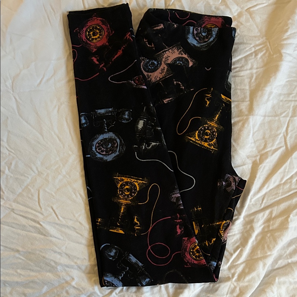 LuLaRoe Black Leggings with Multicolor Vintage telephone Print